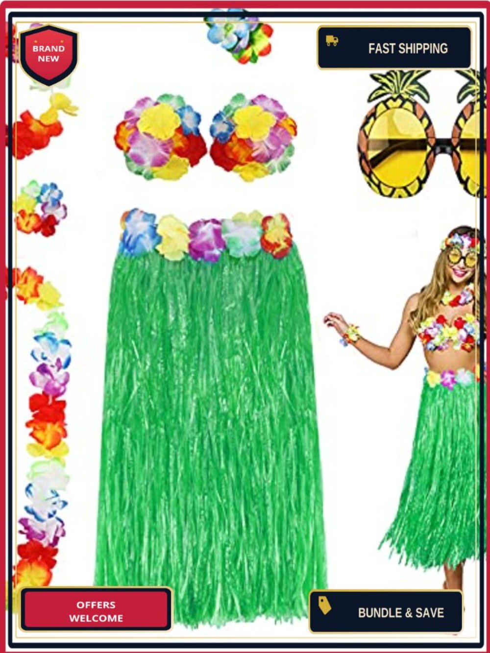 8 Pack Hula Skirt Costume Kit Luau Party Flower Bikini Top Lei